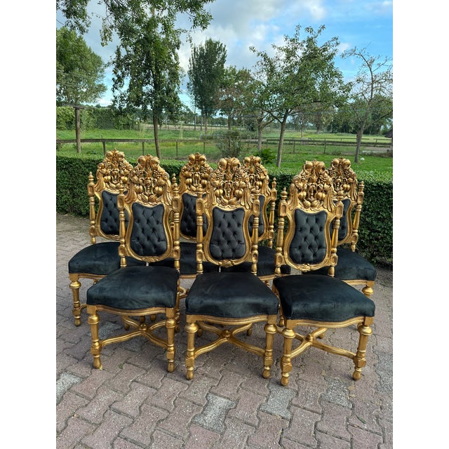 1900 Italian Baroque Rococo Gilded Beech Black Velvet Chairs - Set of 7 For Sale - Image 6 of 18