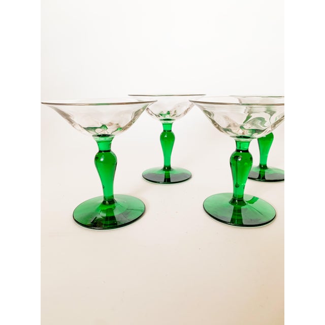 Art Deco Antique Art Nouveau Green Blown Glass Coupes - Set of 4 For Sale - Image 3 of 10