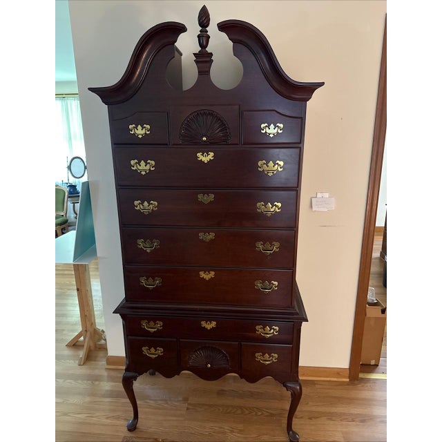 Late 20th Century Colonial Furniture Solid Cherry Queen Anne Highboy Shell Carving Made in Usa For Sale - Image 4 of 6