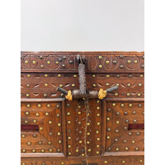 Antique Indian Dowry Chest 19th Century Brass Studs Iron Medieval Style Console For Sale In Tampa - Image 6 of 12