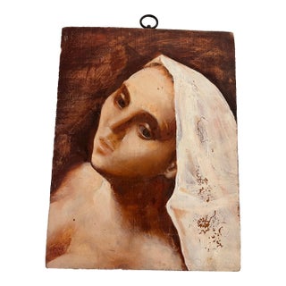 1990s Renaissance Style Gouache on Earth Colors Board Portrait of a Woman For Sale