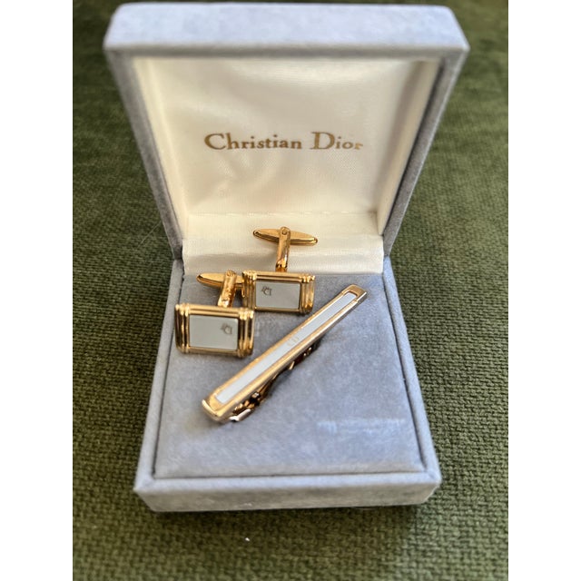 Rare Vintage Christian Dior Gold Plate Cufflinks & Tie Clip Original Case For Sale - Image 11 of 12