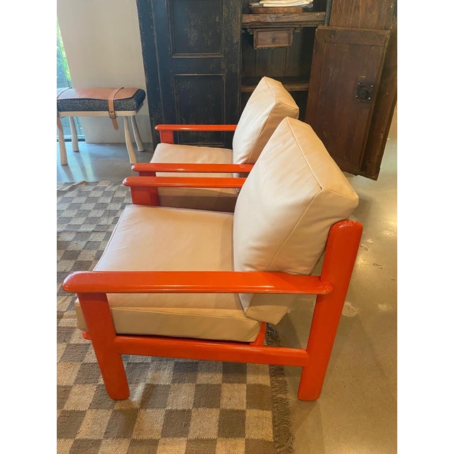 Orange Lacquer and Buff Leather Armchairs, Scandinavia, 1970's - A Pair For Sale In Austin - Image 6 of 6