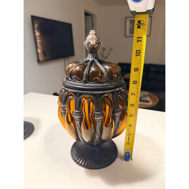 Early 20th Century Vintage Baroque Brass Caged Amber Blown Bubble Glass & Dome Lidded Apothecary Jar For Sale - Image 5 of 11