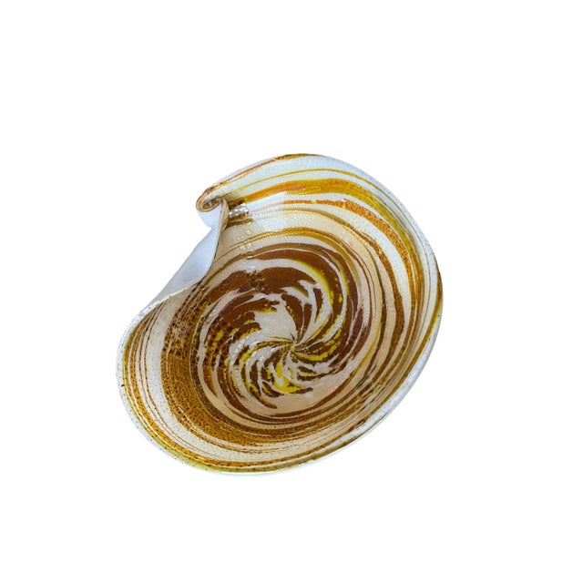 Vintage Mid-Century Modern 1960s Murano Gold Flecked Hand Blown Swirl Art Glass Bowl Ashtray Large Twisted For Sale - Image 4 of 5
