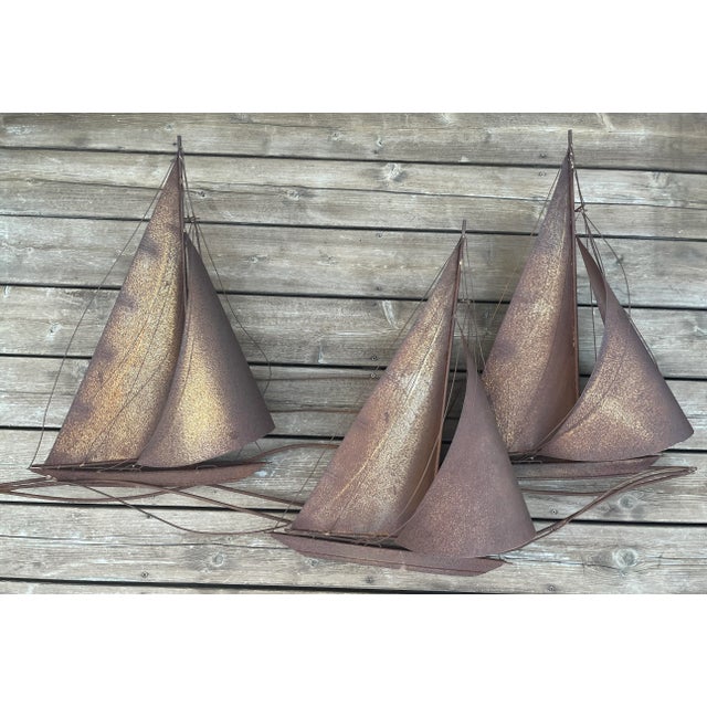 Sienna 1970s Curtis Jerè Inspired Metal Wall Sculpture - 3 Sailboats For Sale - Image 8 of 8