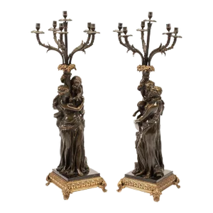 Antique Patinated Neoclassical Figural Candelabra After Claude Michel, aka Clodion- a Pair
