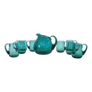 1960s Blenko Styled Pitcher and Glass Mug Set by Wayne Husted - Set of 9