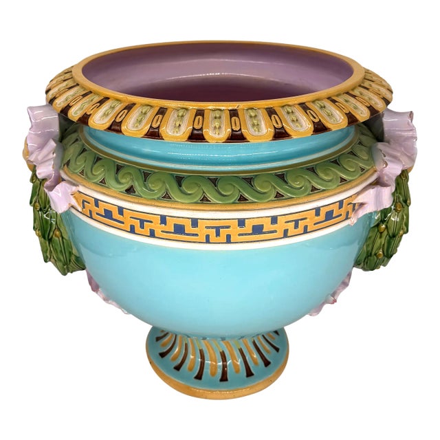 A Minton Majolica Neoclassical Jardiniere With Laurel Wreaths, English, Ca. 1868 For Sale