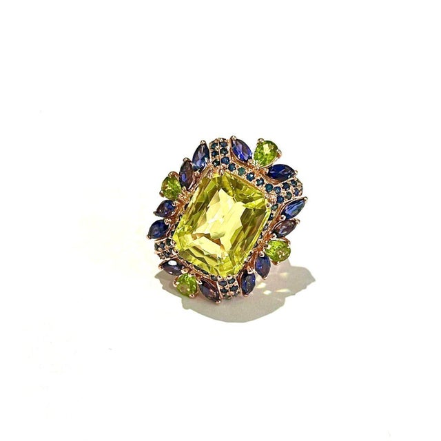 Bochic “Capri” Vintage Sapphire, Peridot & Lemon Quartz Ring Set In 18K Gold & Silver For Sale - Image 12 of 12