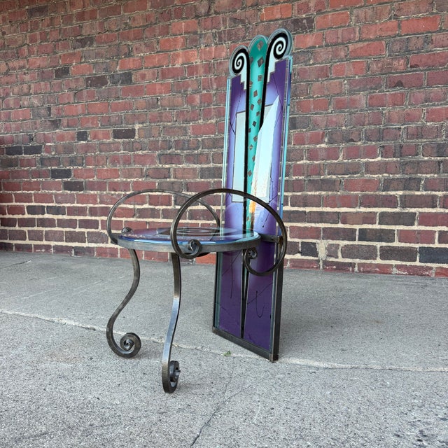 Postmodern Joan Irving Postmodern Art Glass and Wrought Iron Chair For Sale - Image 3 of 11