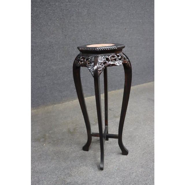 Chinese Chinese Carved Hardwood Plant Stand With Pink Marble Top For Sale - Image 3 of 9