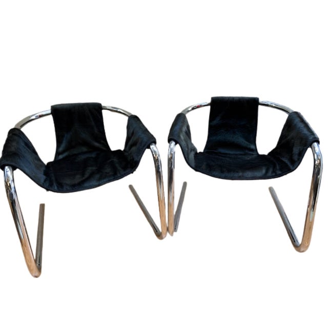 Metal Mid Century Modern Chrome Vecta Zermatt Sling Chair by Vecta Group Newly Reupholstered in Cowhide - Pair For Sale - Image 7 of 7