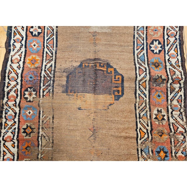 Antique 19th C. Persian Kurdish Camelhair Runner Rug, Hand-Knotted Geometric Pattern, 4x12, Camelhair & Ivory For Sale - Image 9 of 15