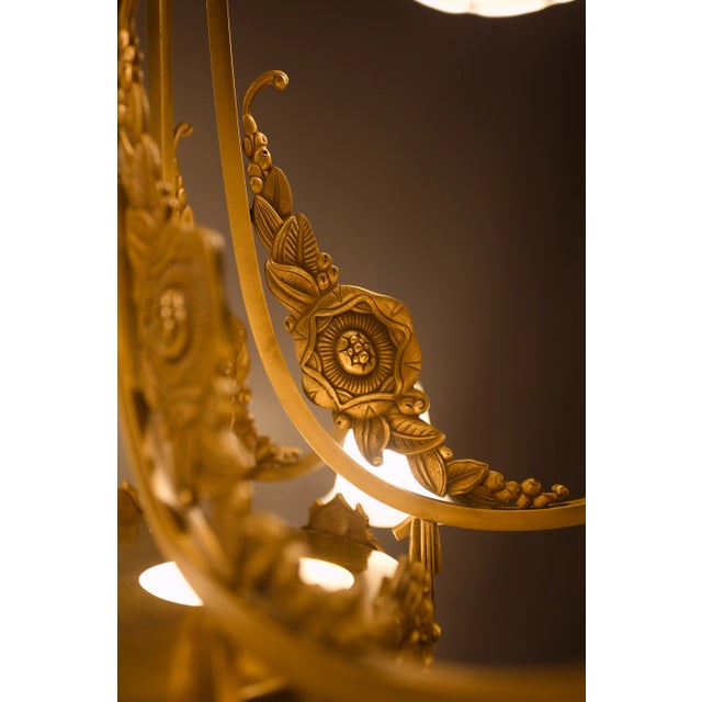 2000 - 2009 Art Nouveau Brass Chandelier with Glass Shades For Sale - Image 5 of 6