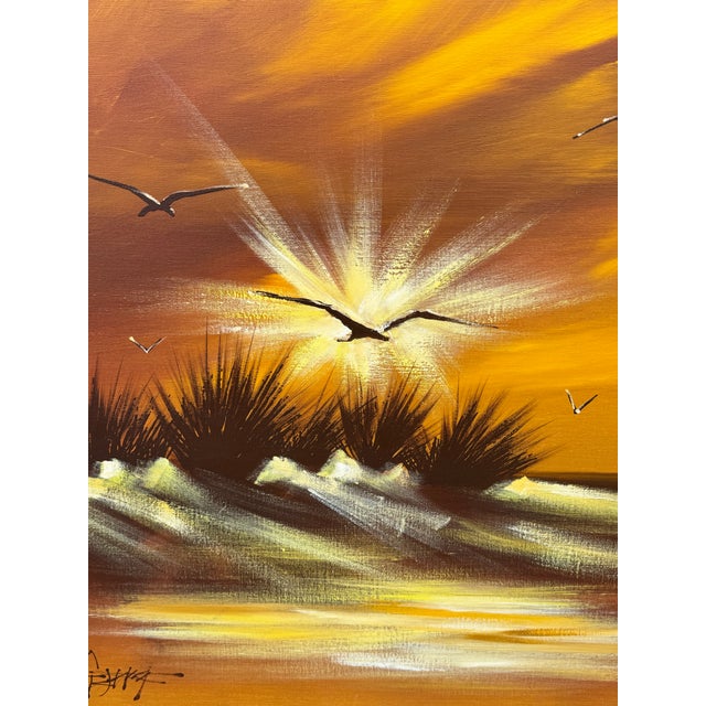 Framed Mid Century Modern Coastal Sunset Seagulls Oil Painting on Canvas Artist Signed For Sale - Image 4 of 6