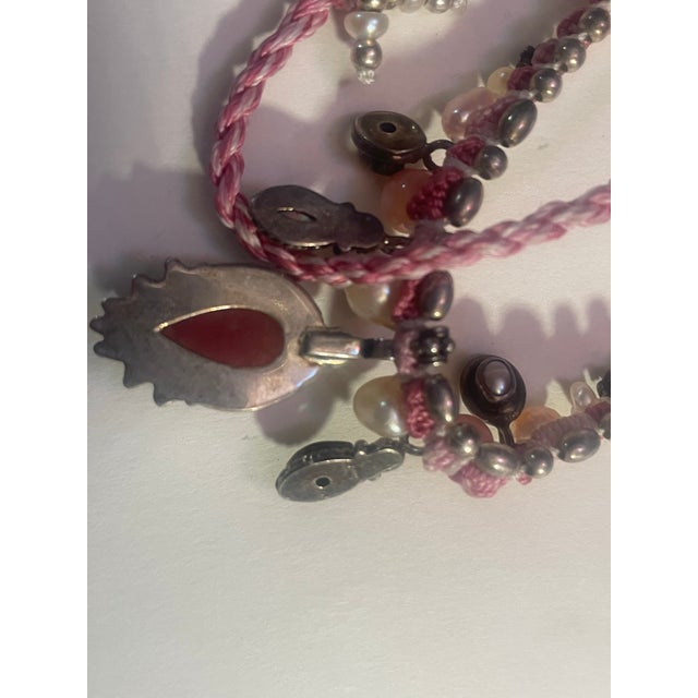 Pink 1980s Australian Rainbow Opal, Pearl and Rhodonite in Thick Sterling Silver Cabochons on Knotted Silk Chord. For Sale - Image 8 of 8