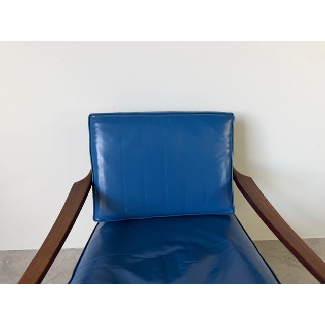 Mid Century Ib Kofod Larsen Style Scandinavian Lounge Chair With Blue Leather Cushions For Sale - Image 4 of 18