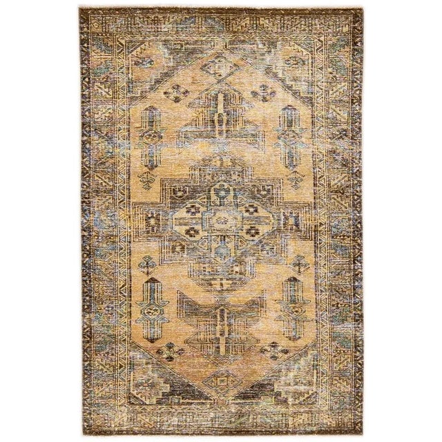 Textile 1960s Vintage Persian Distressed Handmade Geometric Brown Wool Rug For Sale - Image 7 of 7