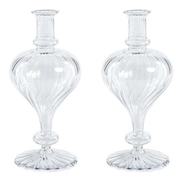 Vellum 2-Piece Set Large Clear Spiral Glass Vases, Turnip Shape For Sale