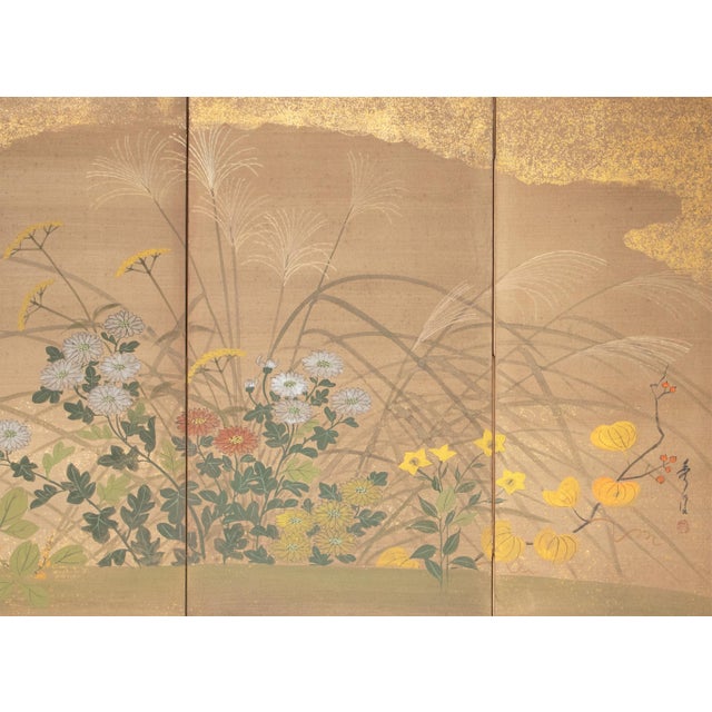 "Autumn Flowers" by Hideka, 24k Gold 1970s Showa Era Yamato-E Japanese Byobu Screen For Sale In Dallas - Image 6 of 18