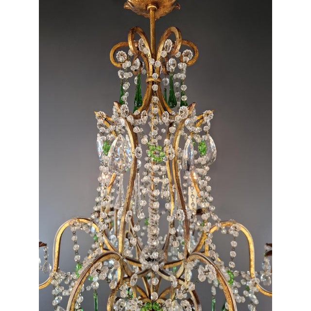 1940s Italian Rococo Revival Crystal Chandelier With Emerald Green Drops 6 Lights For Sale - Image 11 of 13