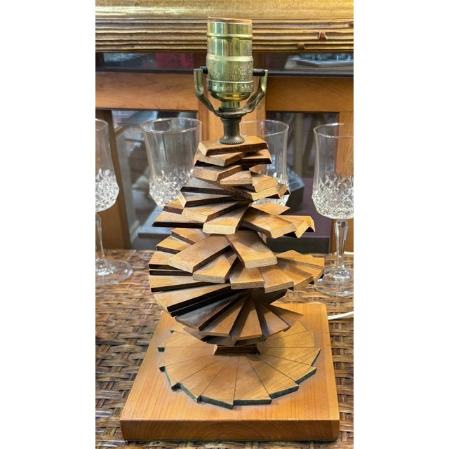 Mid Century Hand Made Wood Spiral Lamp For Sale - Image 4 of 5