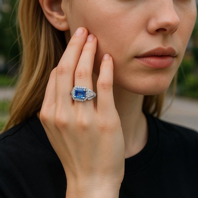 Contemporary Emerald Shaped Ceylon Sapphire Diamond 3.75 Carat 18 Karat Gold Cocktail Ring Size 6 For Sale - Image 3 of 8