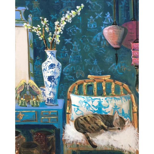Blue Interior Chinoiserie Scene With Rattan Chair Fine Art Giclee Print For Sale