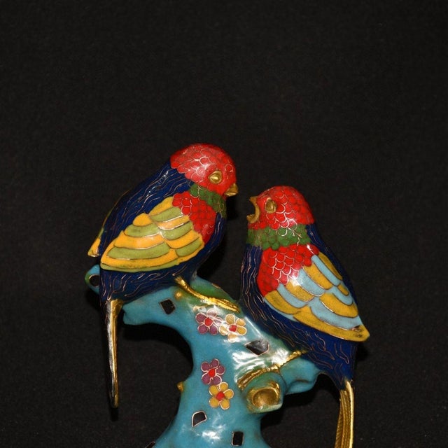 Vintage Cloisonne Enamel Bird Pair Figurine – 8.3" Two Lovebirds on Branch For Sale - Image 4 of 8
