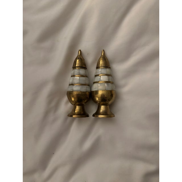 Antique Mother of Pearl & Brass Salt & Pepper Shakers For Sale - Image 4 of 6