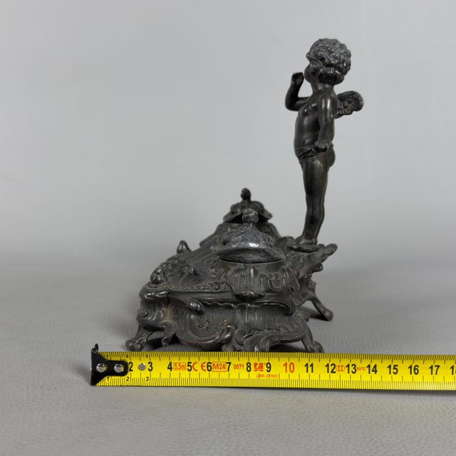 Inkwell for Writing Desk with Winged Putto in Burnished Antimony, 20th Century For Sale - Image 10 of 12