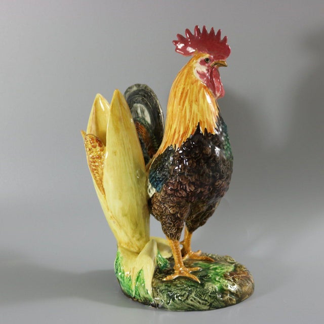 Ceramic Delphin Massier Majolica Cockerel/Rooster Vase For Sale - Image 7 of 16