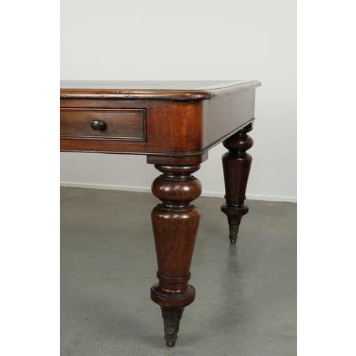 Brown Large Antique English Library Writing Desk with a Dark Blue Leather Top, 19th Century For Sale - Image 8 of 15