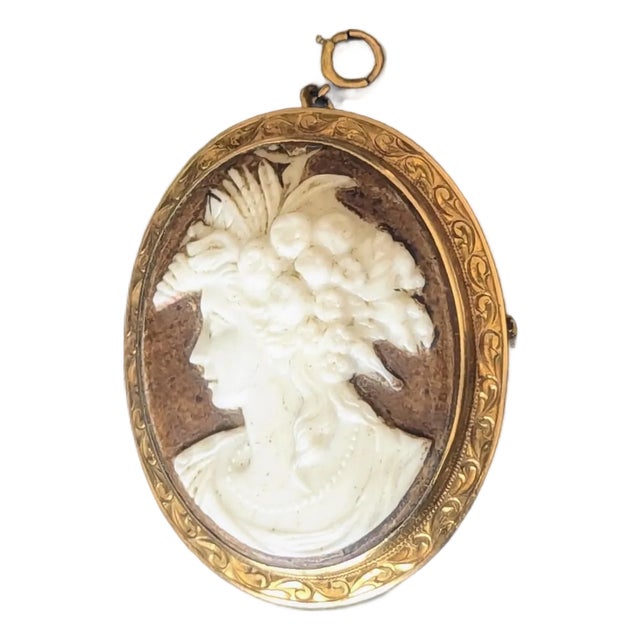 Mid 20th Century Gold Toned Encased Cameo Brooch/Pendant Bacchante Figure For Sale