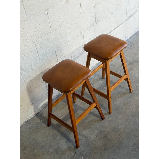 Wood Vamdrup Stolefabrik Teak and Leather Bar Stools Set of 2 Danish Mid-Century Modern 1970s For Sale - Image 7 of 10