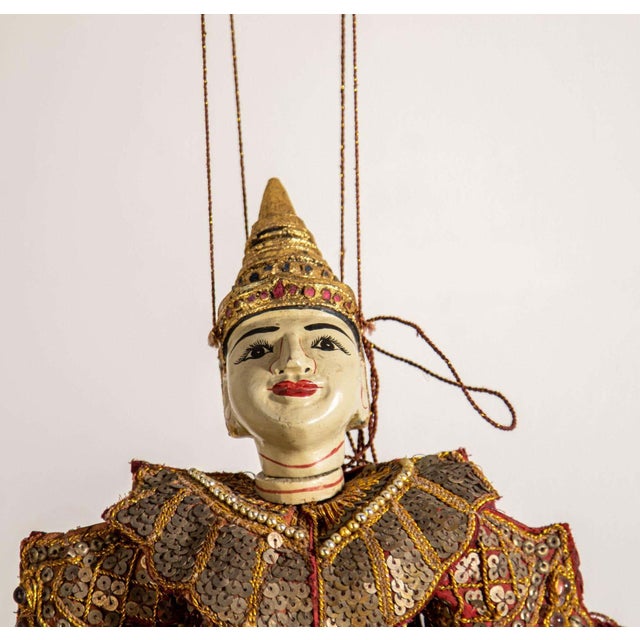 Exquisite Vintage 1950s Handcrafted Wooden Marionette with Burmese String, Reflecting Asian Opera Artistry. This splendid...