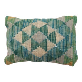 Arteverk Handwoven Afghan Kilim Lumbar Pillow — Green & Beige Diamond Lattice For Sale