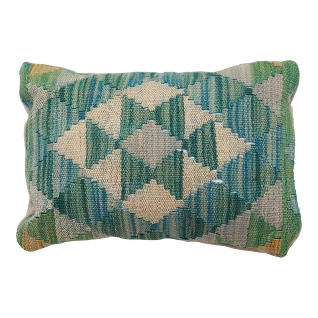 Arteverk Handwoven Afghan Kilim Lumbar Pillow — Green & Beige Diamond Lattice For Sale