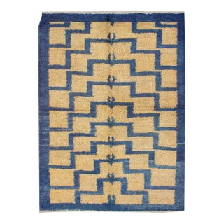 Vintage Mid-Century Modern Tulu Turkish Rug With Tribal Pattern in Blue and Soft Gold For Sale