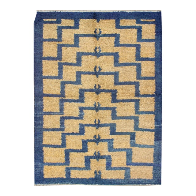 Vintage Mid-Century Modern Tulu Turkish Rug With Tribal Pattern in Blue and Soft Gold For Sale