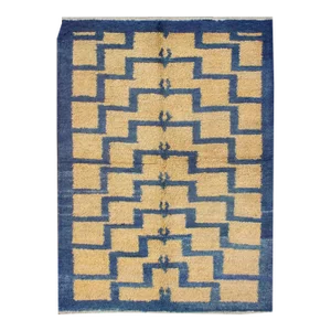 Vintage Mid-Century Modern Tulu Turkish Rug With Tribal Pattern in Blue and Soft Gold