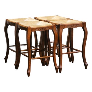 Louis XV Style French Walnut Counter Stools With Rush Seats, Set of Four For Sale