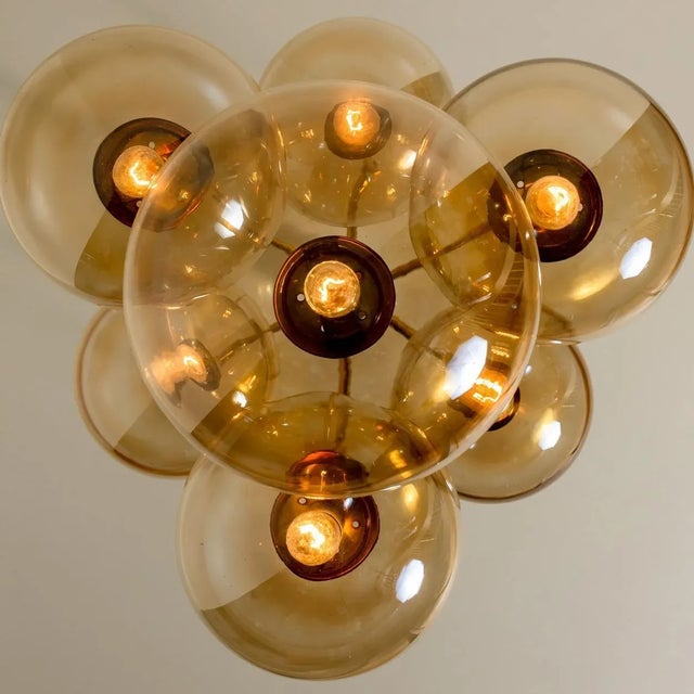 1970s Brass Cascade with Seven Hand Blown Globes Ceiling Lamp from Glashütte Limburg For Sale - Image 5 of 11