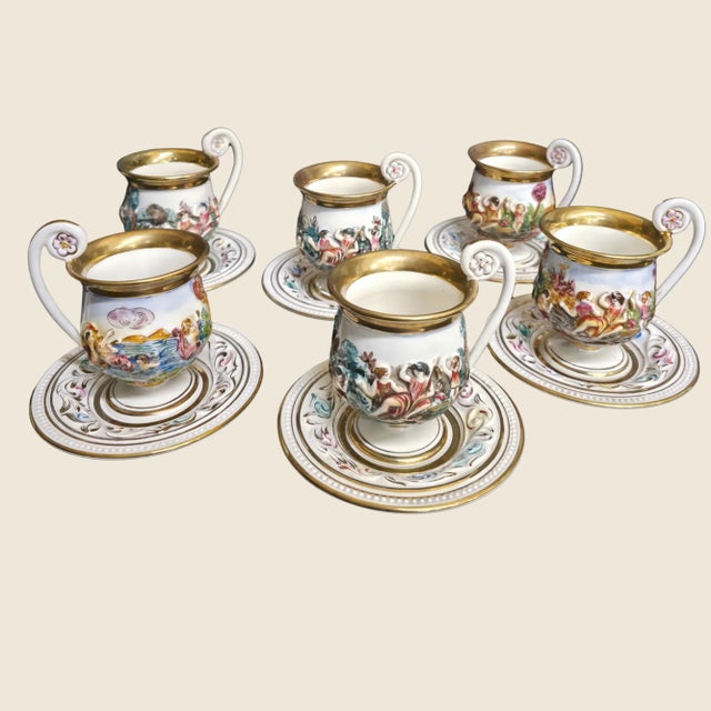 1950s Vintage Porcelain Tea Cup & Saucer Set Hand-Painted White, Gold & Jewel Tones- 12 Pieces For Sale - Image 13 of 18