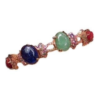 Bochic "Capri" Vintage Ruby & Multi Color Sapphire Bangle Set 18K Gold & Silver For Sale