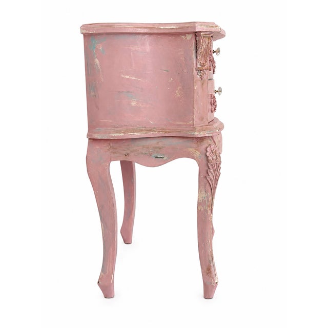 Wood Vintage French Pink Distressed Nightstand With Floral Carvings For Sale - Image 7 of 13