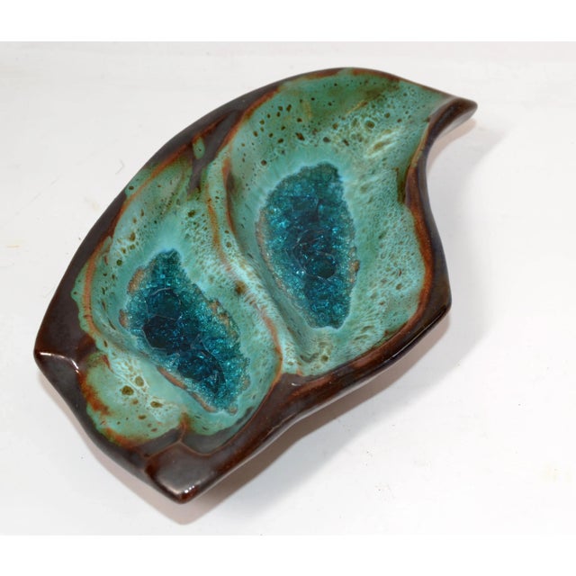 Turquoise Pottery Ceramic Decorative Bowl Brown and Turquoise Vide Poche Blue Mineral 1960 For Sale - Image 8 of 13