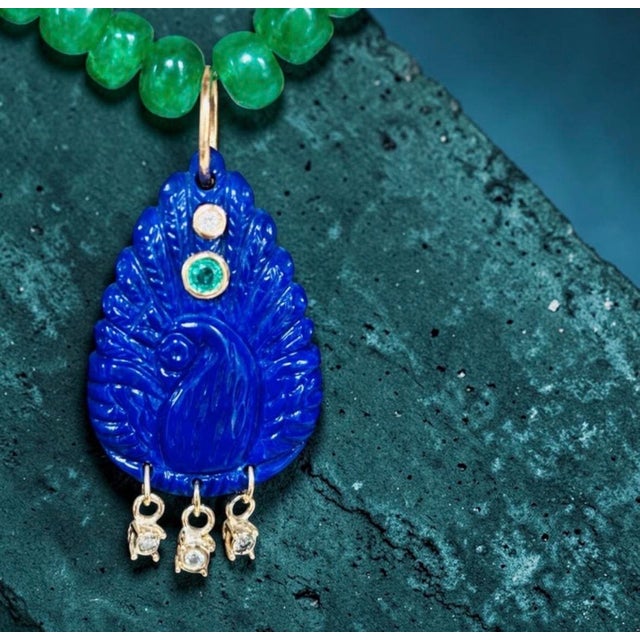 Lapis Peacock Pendant With Emeralds, Diamonds & 14k Gold For Sale - Image 9 of 13