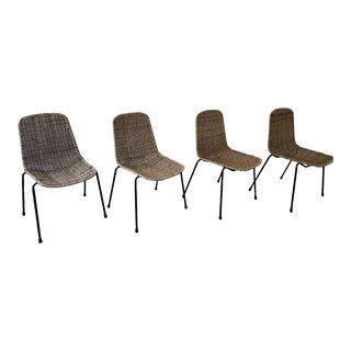 Italian Mid-Century Wicker Rattan Basket Chairs by Gian Franco Legler, 1950s, Set of 4 For Sale